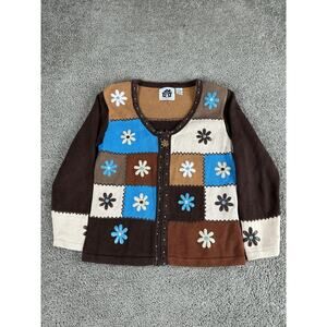 VINTAGE Storybook Knits Sweater Womens Medium Patchwork Floral Beaded Cardigan